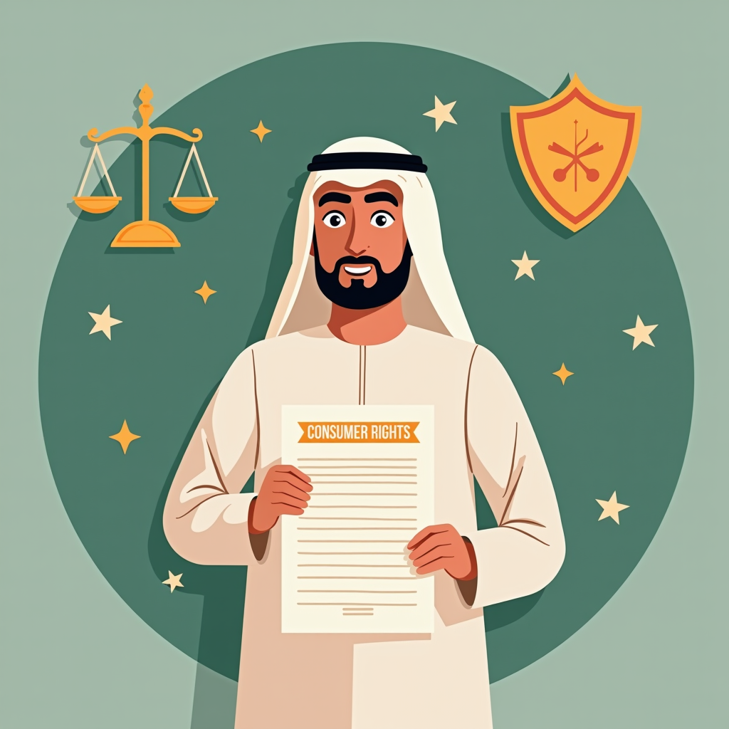 صورة توضيحية تعرض مستهلكاً سعودياً يحمل وثيقة حقوق المستهلك مع خلفية تحتوي على رموز الحماية القانونية والميزان والدرع، بألوان خضراء ورملية تعكس الطابع الرسمي الحكومي