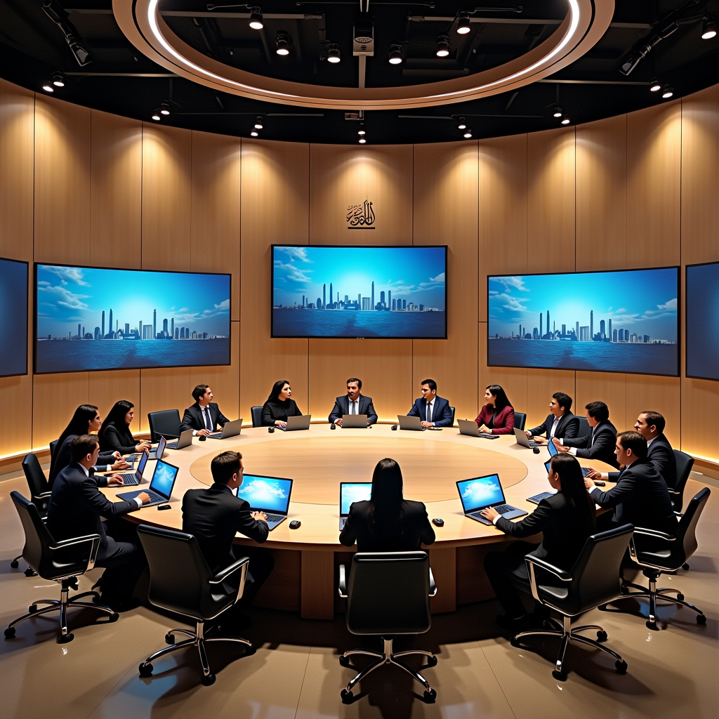 مركز حديث لحل النزاعات التجارية في السعودية يظهر قاعة تحكيم مجهزة بأحدث التقنيات مع طاولة مستديرة كبيرة وشاشات عرض إلكترونية، يجلس حولها مجموعة من المحامين والمستشارين القانونيين في جلسة تسوية ودية، مع وجود شعار وزارة التجارة السعودية على الجدار الخلفي