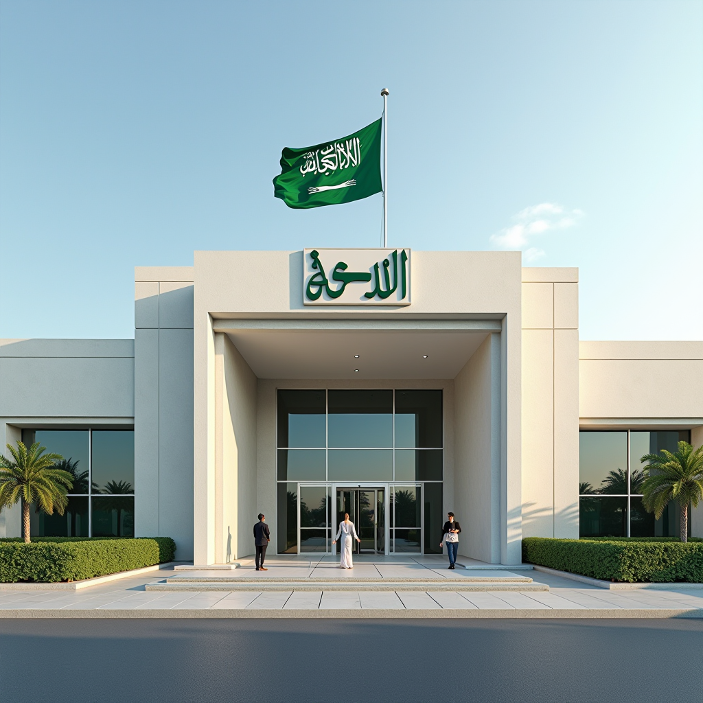 مبنى حكومي سعودي حديث مع علم المملكة، يظهر واجهة رسمية احترافية مع أشخاص يدخلون المبنى، تصميم معماري إسلامي معاصر، إضاءة نهارية طبيعية