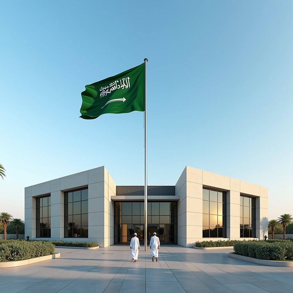 مبنى حكومي سعودي حديث مع العلم الوطني يرفرف في السماء الزرقاء الصافية، مواطنون ومقيمون يدخلون المبنى بثقة واحترافية، تصميم معماري عصري يعكس التطور والشفافية الإدارية