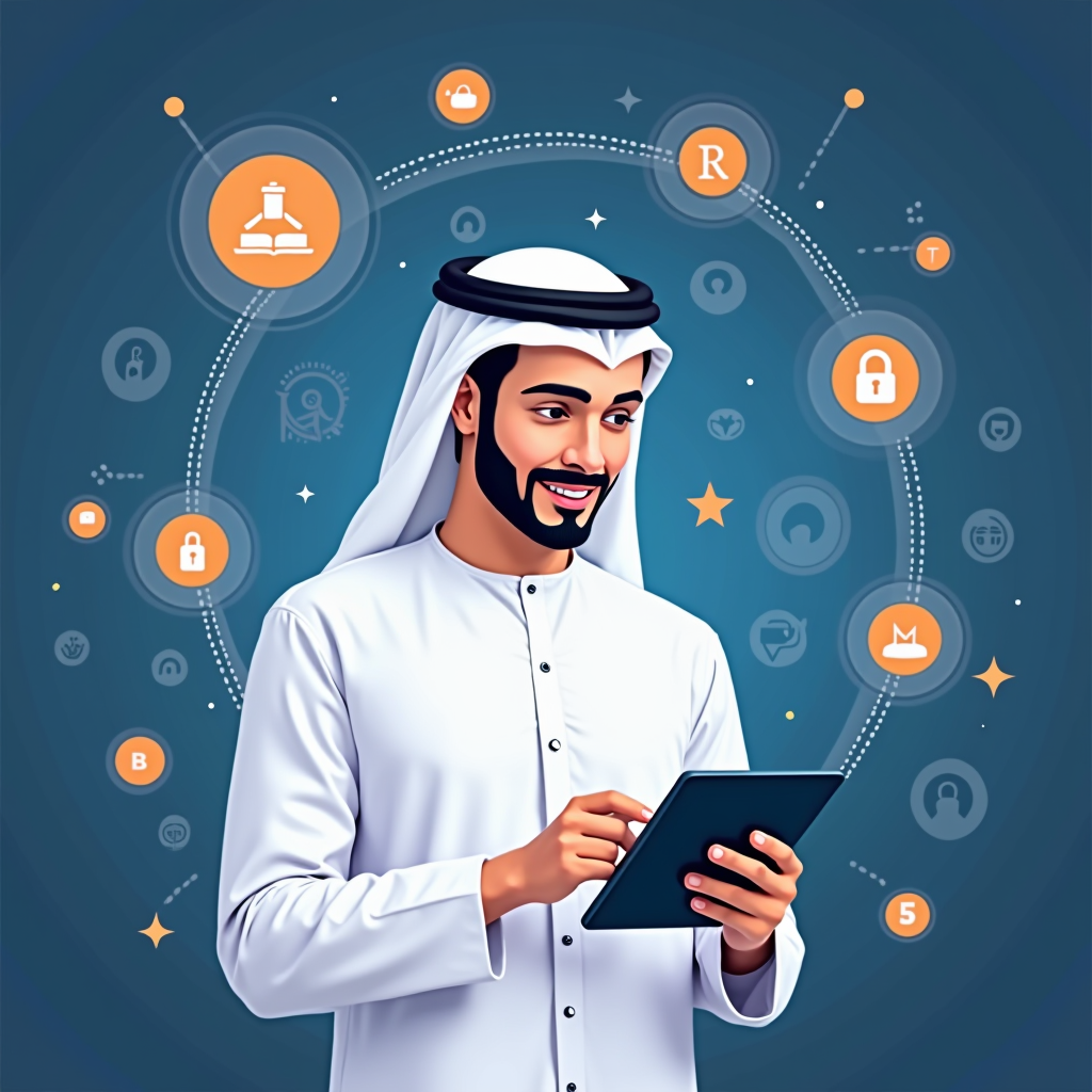 رسم توضيحي يظهر مستهلكاً سعودياً يستخدم جهازاً لوحياً للتسوق الإلكتروني مع رموز تمثل الحماية القانونية والأمان الرقمي، بخلفية تحتوي على عناصر تصميمية تعكس البيئة التجارية الإلكترونية في المملكة العربية السعودية