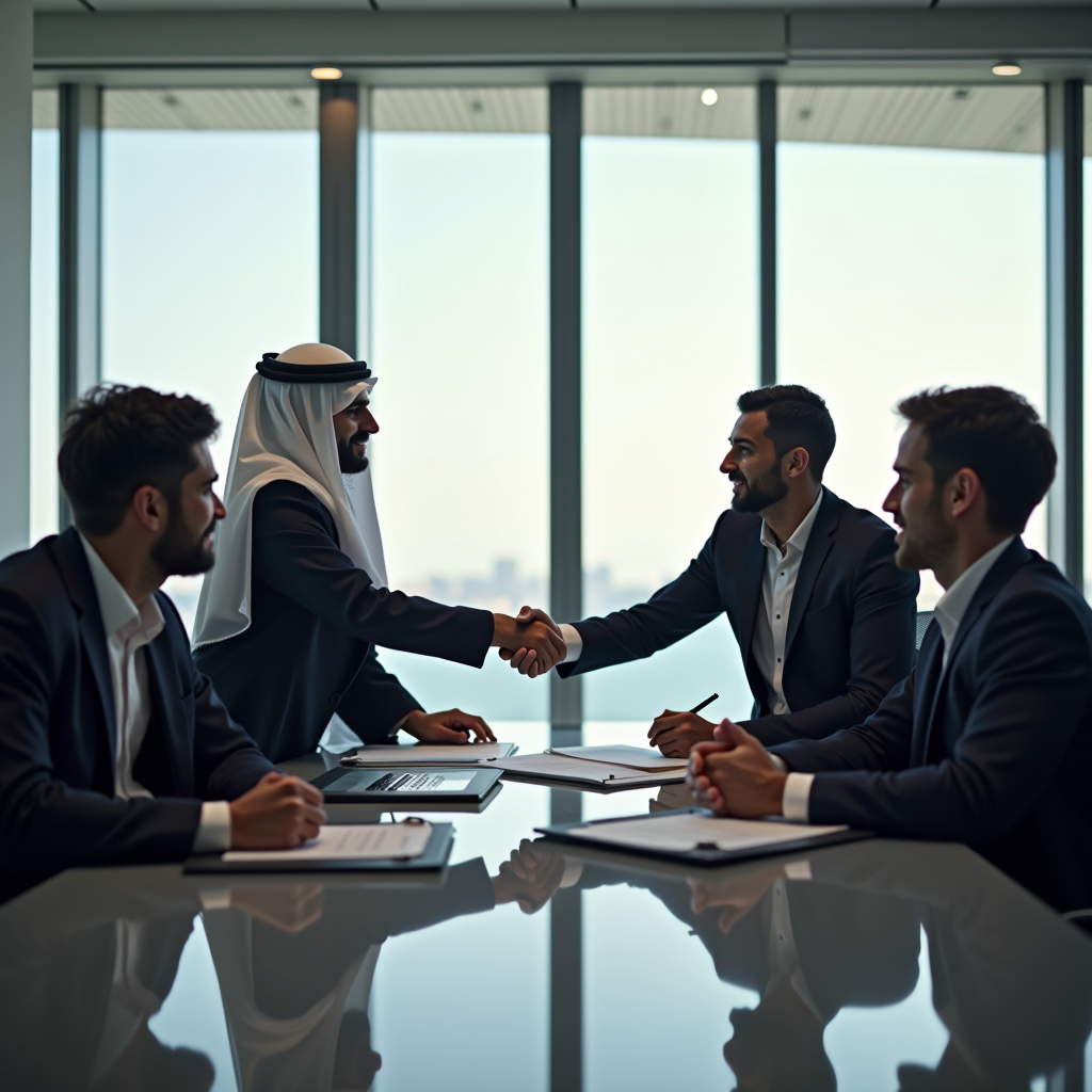 اجتماع عمل تجاري في مكتب سعودي حديث، رجال أعمال يتصافحون، مستندات تجارية على الطاولة، بيئة مهنية راقية، إضاءة طبيعية من نوافذ كبيرة